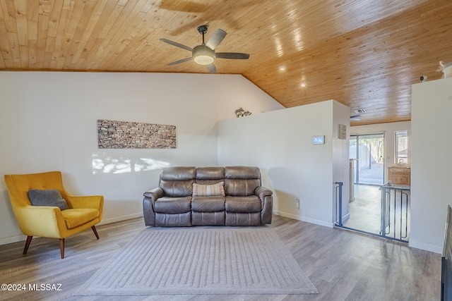 living room featuring ceiling fan, wood ceiling, lofted ceiling, and wood-type flooring