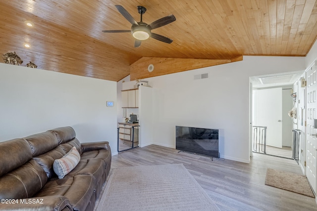 living room featuring light wood-type flooring, vaulted ceiling, ceiling fan, and wood ceiling