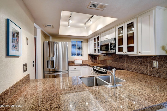 kitchen with white cabinetry, sink, track lighting, a tray ceiling, and appliances with stainless steel finishes