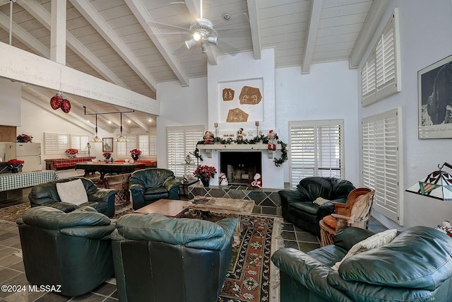 living room featuring vaulted ceiling with beams and wood ceiling