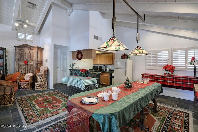 dining area with beamed ceiling, plenty of natural light, wooden ceiling, and high vaulted ceiling