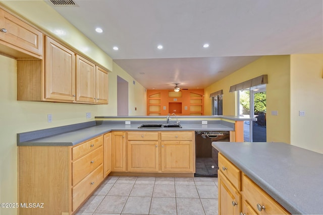 kitchen with dishwasher, light brown cabinets, sink, and ceiling fan