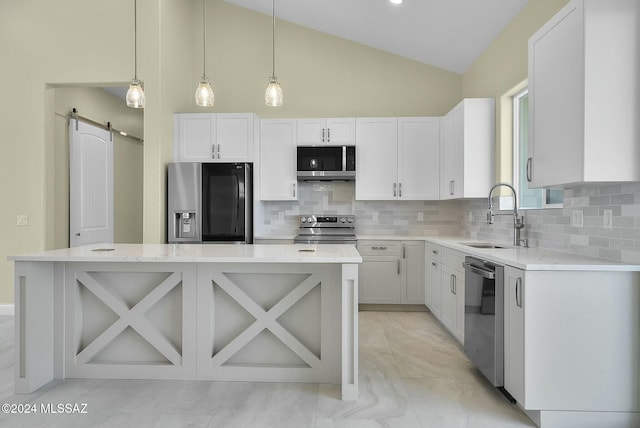 kitchen featuring a barn door, sink, white cabinets, and stainless steel appliances