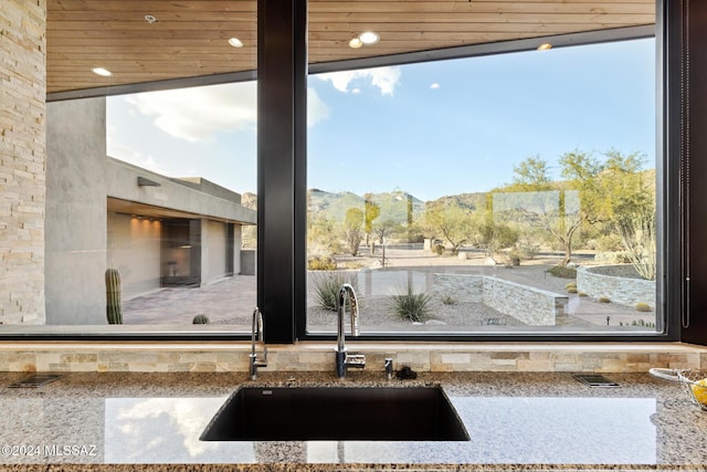 room details with a mountain view, light stone counters, and sink