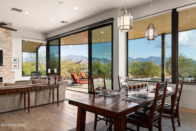 interior space with a mountain view and wood-type flooring