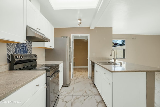 kitchen featuring vaulted ceiling with beams, white cabinetry, sink, and stainless steel appliances