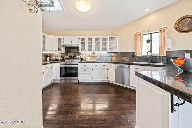 kitchen featuring tasteful backsplash, under cabinet range hood, a sink, stainless steel appliances, and tile counters