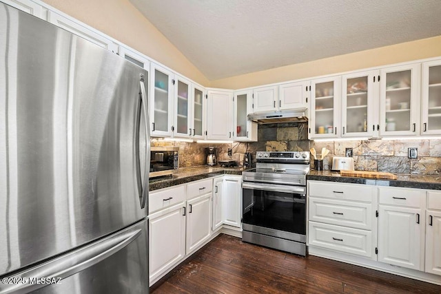 kitchen featuring stainless steel appliances, under cabinet range hood, tile countertops, and decorative backsplash