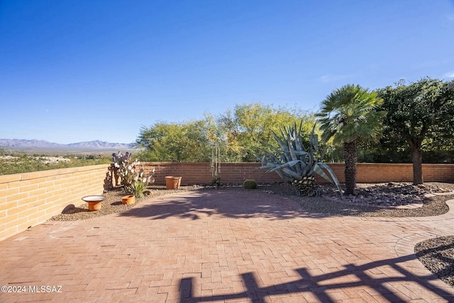 view of yard with a mountain view and a patio area