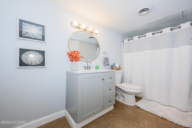 full bathroom featuring toilet, vanity, visible vents, and tile patterned floors