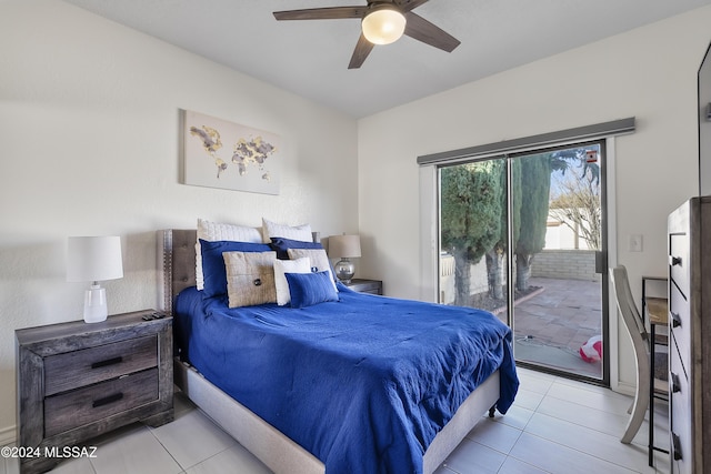 bedroom with light tile patterned floors, ceiling fan, and access to outside