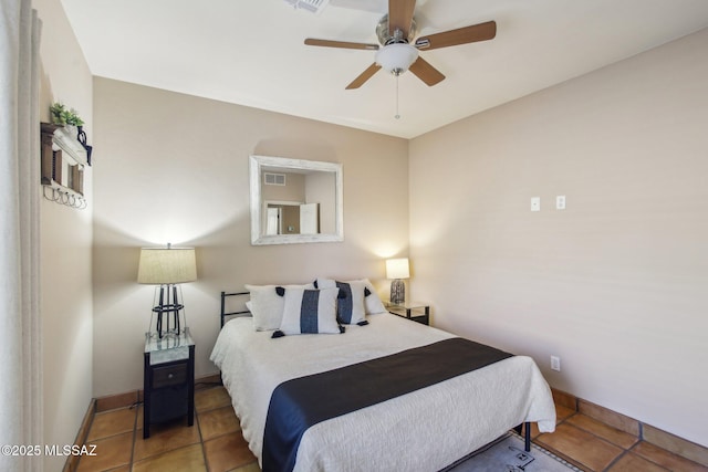 bedroom featuring tile patterned flooring and ceiling fan