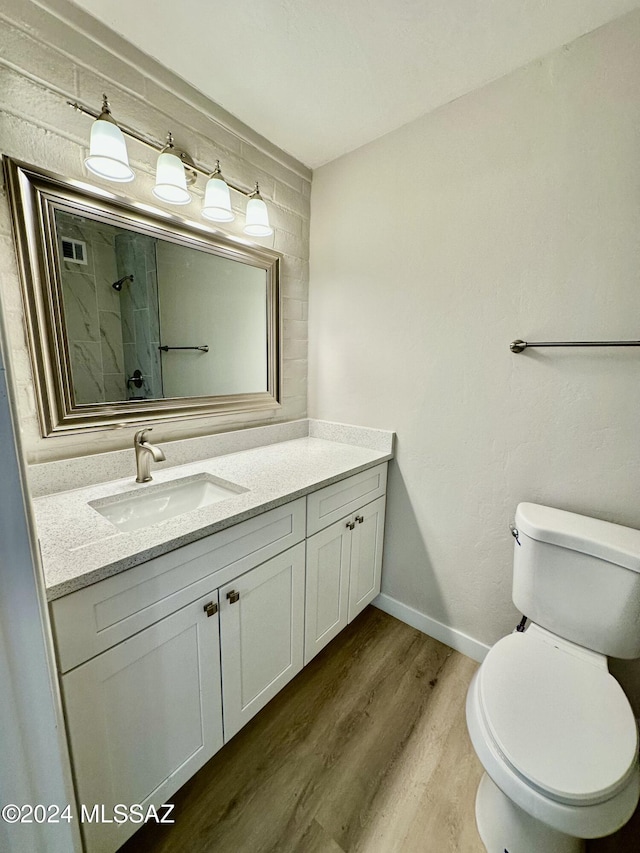 bathroom with vanity, toilet, and wood-type flooring