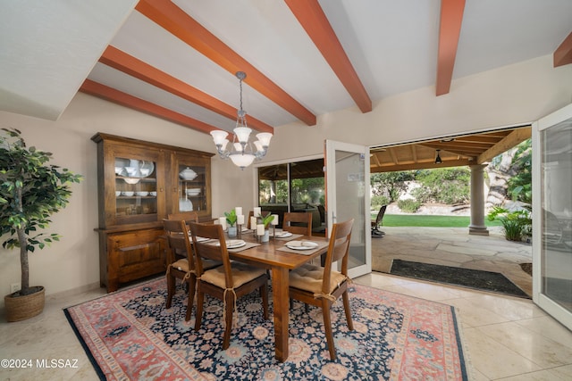 tiled dining room featuring a notable chandelier and beam ceiling