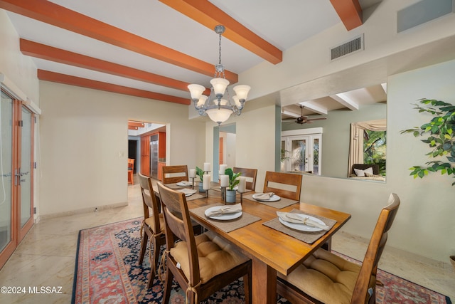 dining room with french doors, a notable chandelier, and beam ceiling