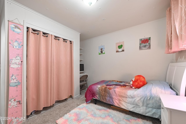 carpeted bedroom with crown molding