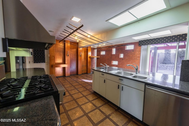 kitchen with a skylight, white cabinetry, island range hood, dishwasher, and sink