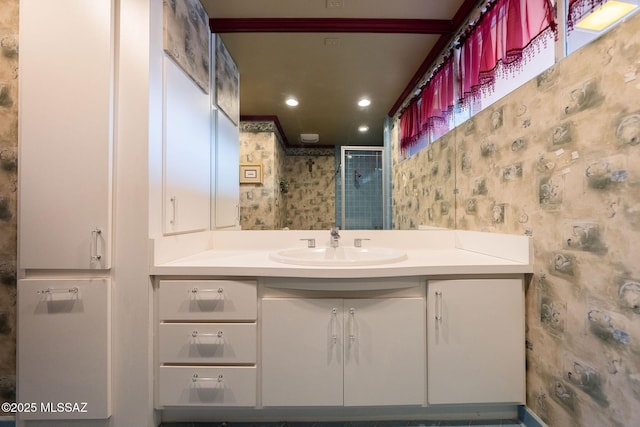 bathroom with a shower and vanity