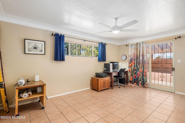 tiled office featuring ceiling fan