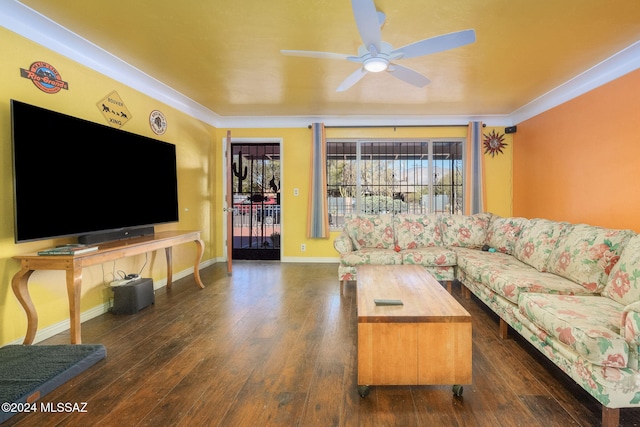 living room featuring ceiling fan and dark hardwood / wood-style flooring