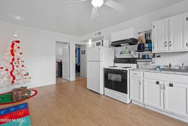 kitchen with white cabinetry, sink, light hardwood / wood-style flooring, extractor fan, and white appliances