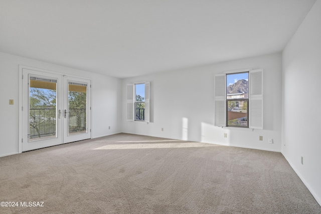 carpeted spare room featuring a wealth of natural light and french doors