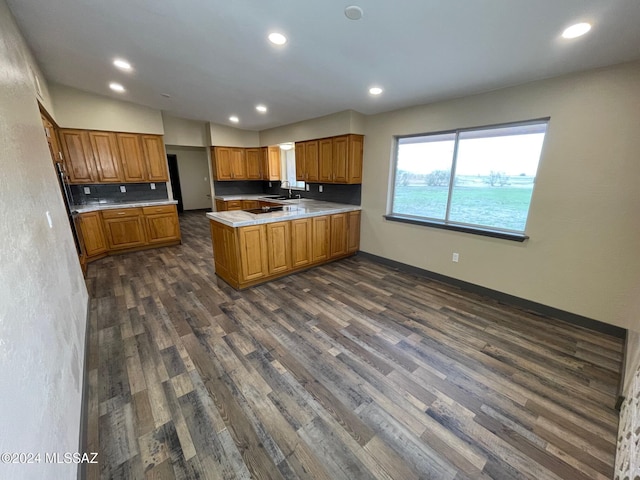 kitchen with dark hardwood / wood-style flooring, kitchen peninsula, and sink