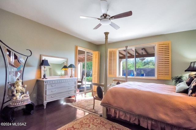 bedroom featuring access to exterior, ceiling fan, and wood-type flooring