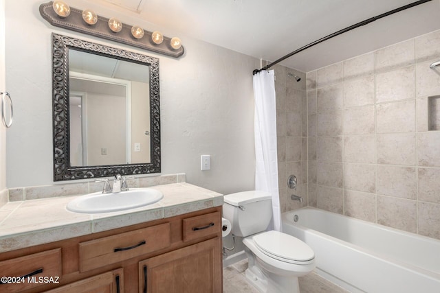 full bathroom with vanity, toilet, and shower / bathtub combination with curtain