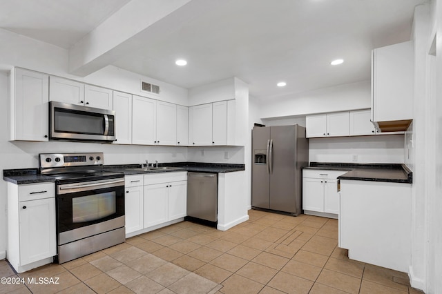 kitchen featuring light tile patterned floors, white cabinetry, sink, and appliances with stainless steel finishes