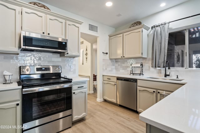 kitchen featuring backsplash, sink, stainless steel appliances, and light wood-type flooring