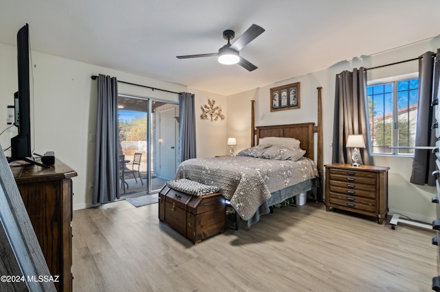 bedroom featuring access to exterior, ceiling fan, and light hardwood / wood-style floors