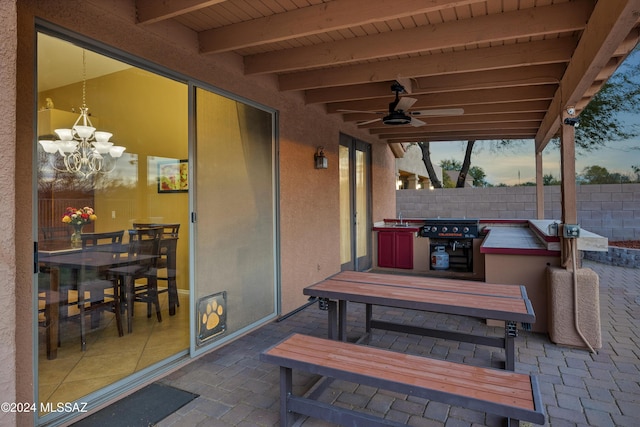 patio terrace at dusk with ceiling fan