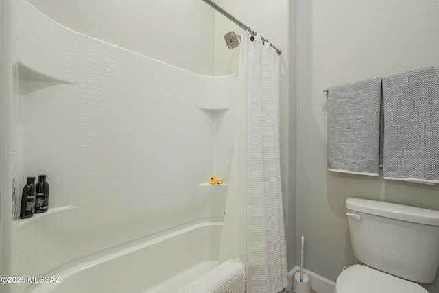 bathroom with toilet and shower / bathtub combination with curtain