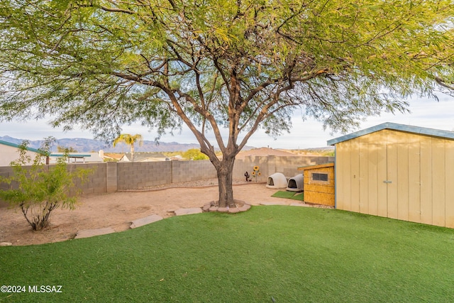 view of yard with a mountain view and a shed