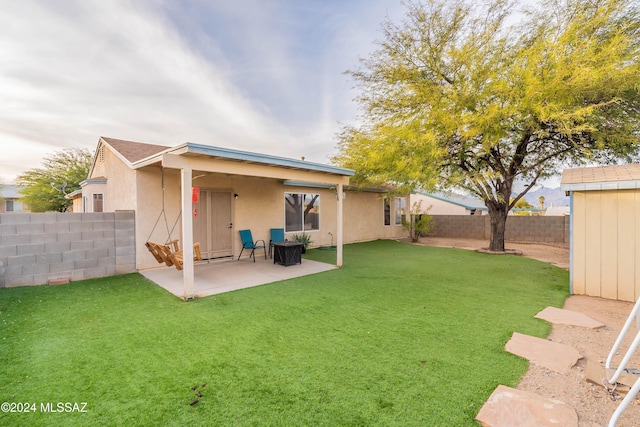 back of property with a patio area and a yard