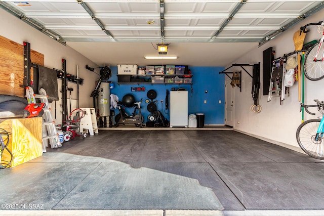 garage with a garage door opener and water heater