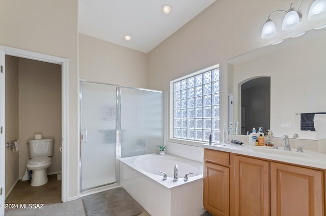 full bathroom with shower with separate bathtub, vanity, toilet, and tile patterned floors