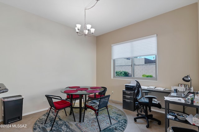 tiled office with a chandelier