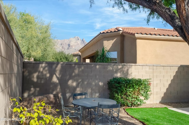 view of patio with a mountain view