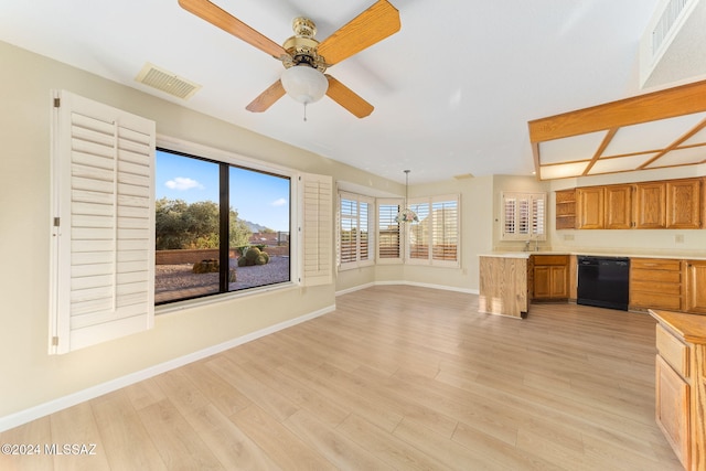 kitchen with ceiling fan, sink, pendant lighting, light hardwood / wood-style flooring, and dishwasher