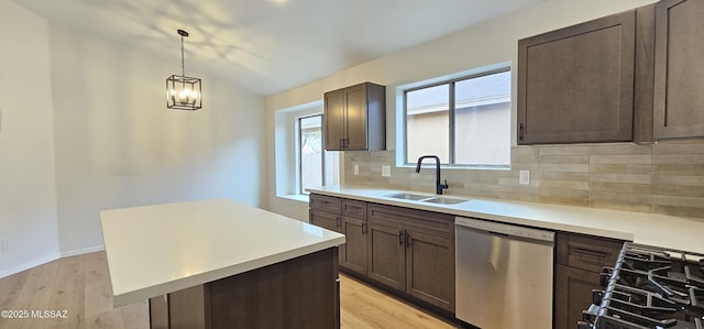 kitchen featuring sink, a center island, stainless steel dishwasher, backsplash, and vaulted ceiling