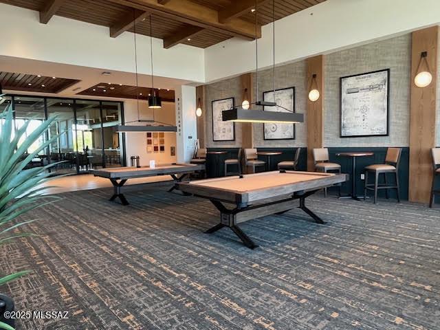 2435 E Mayview Dr, Green Valley, AZ 85614 - game room with carpet, beamed ceiling, wood ceiling, billiards table, and a high ceiling