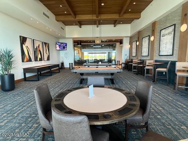 2435 E Mayview Dr, Green Valley, AZ 85614 - game room featuring carpet floors, beamed ceiling, wooden ceiling, baseboards, and billiards