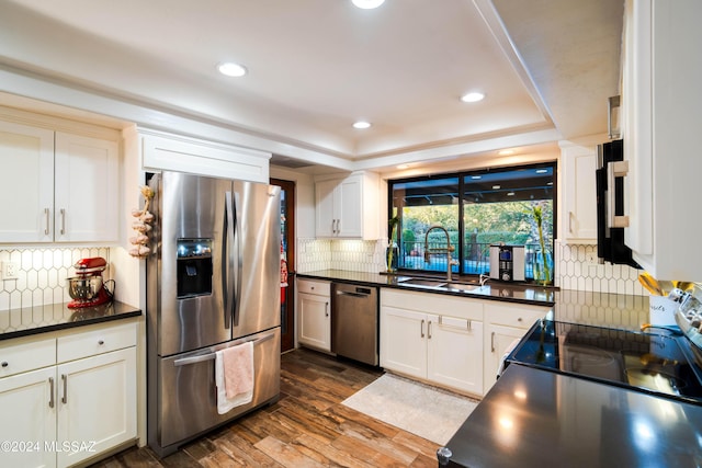 kitchen with sink, stainless steel appliances, dark hardwood / wood-style flooring, backsplash, and a tray ceiling