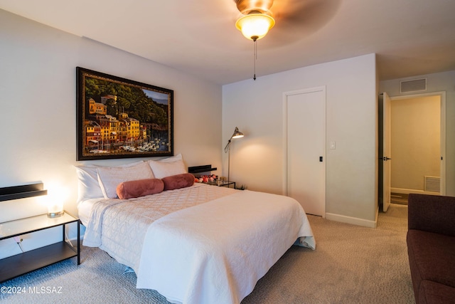 bedroom featuring carpet flooring and ceiling fan