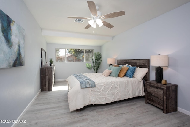 bedroom with ceiling fan and light hardwood / wood-style floors