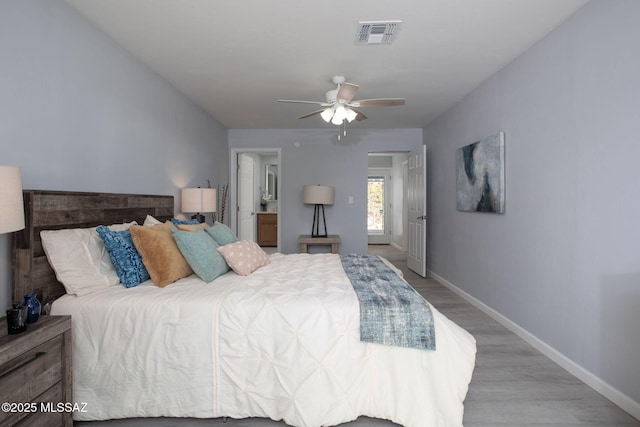 bedroom with ceiling fan and light wood-type flooring