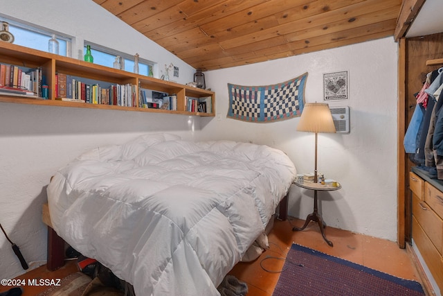 bedroom featuring wood ceiling and lofted ceiling