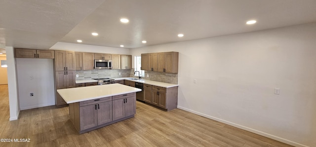 kitchen with backsplash, sink, light wood-type flooring, appliances with stainless steel finishes, and a kitchen island